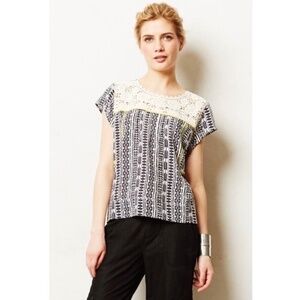 Anthropologie TINY Plein Air Geometric Print Crochet Lace Top Black White Medium
